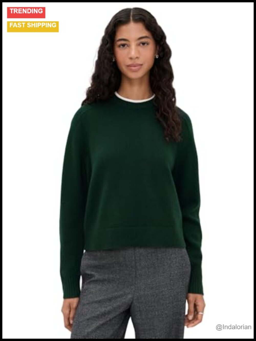 Cropped Crewneck Cashmere Pullover Sweater Ribbed Knit Long Sleeve